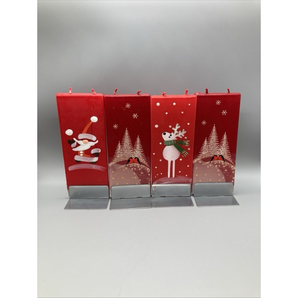 Set Of 4 Vintage Flatyz Flat Christmas Candles Santa Reindeer Snow Double Wick - Picture 1 of 16
